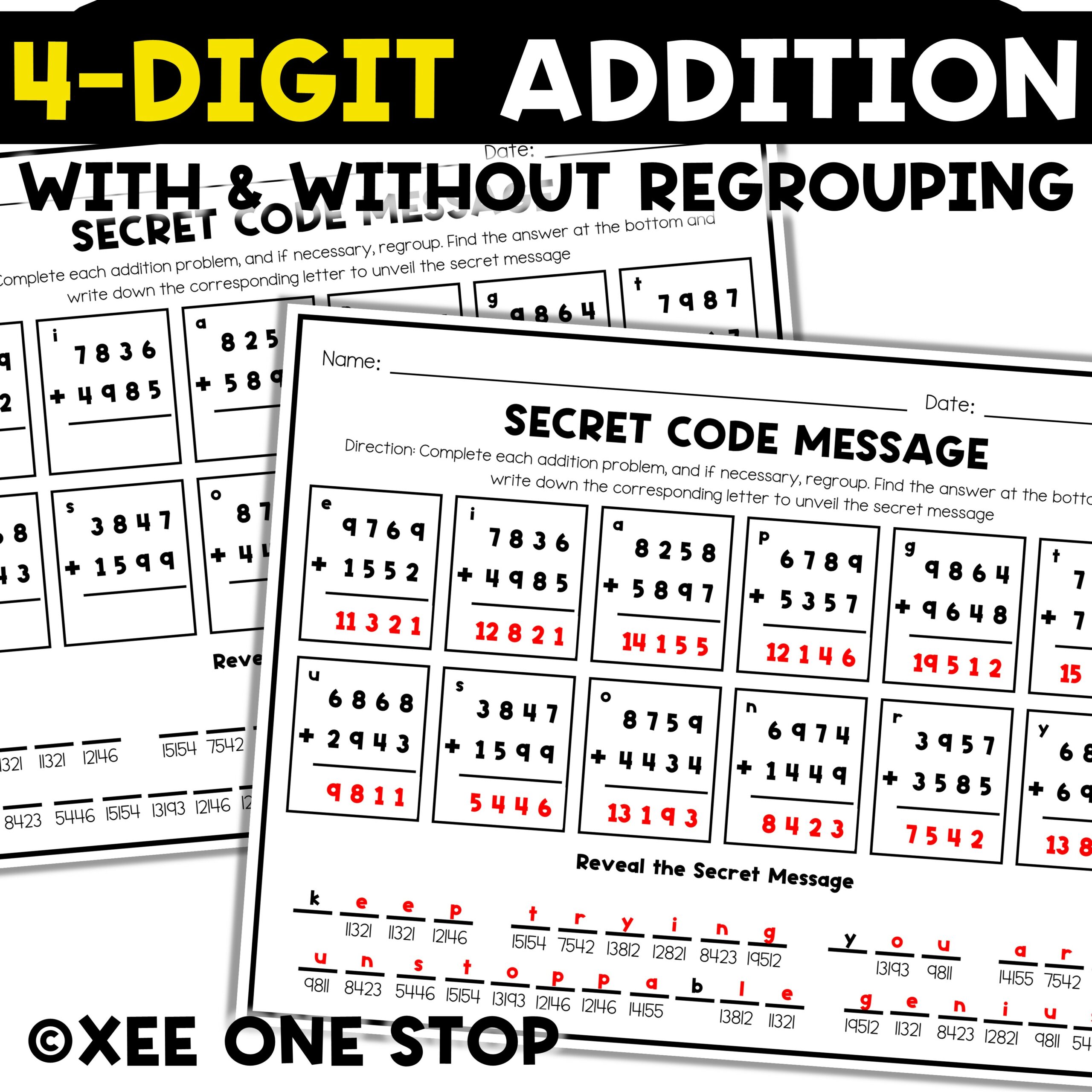 4-Digit Addition With and Without Regrouping Encouraging Secret Code Words