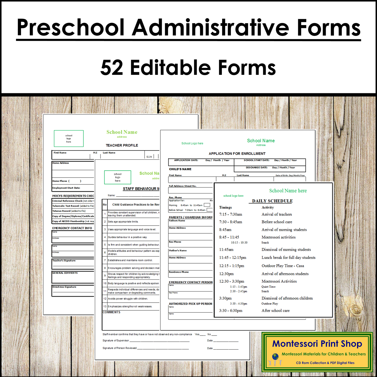 Preschool Administrative Forms - Montessori, Daycare (Editable)