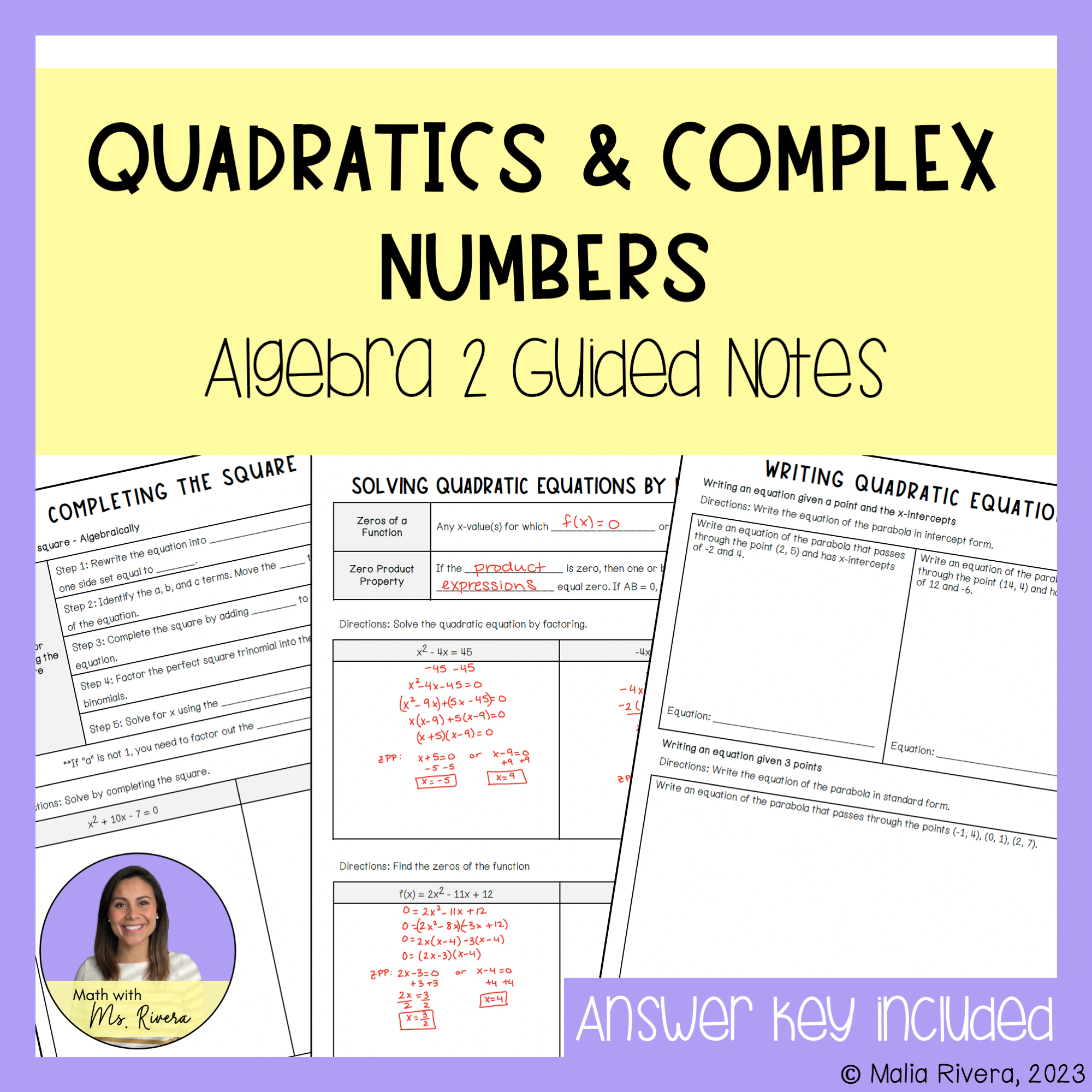 Quadratic Functions & Complex Numbers Guided Notes for Algebra 2