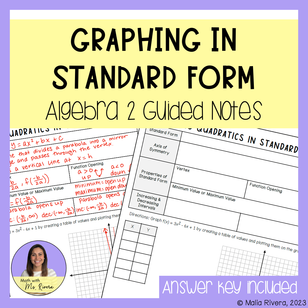 Graphing Quadratic Equations in Standard Form Guided Notes for Algebra 2