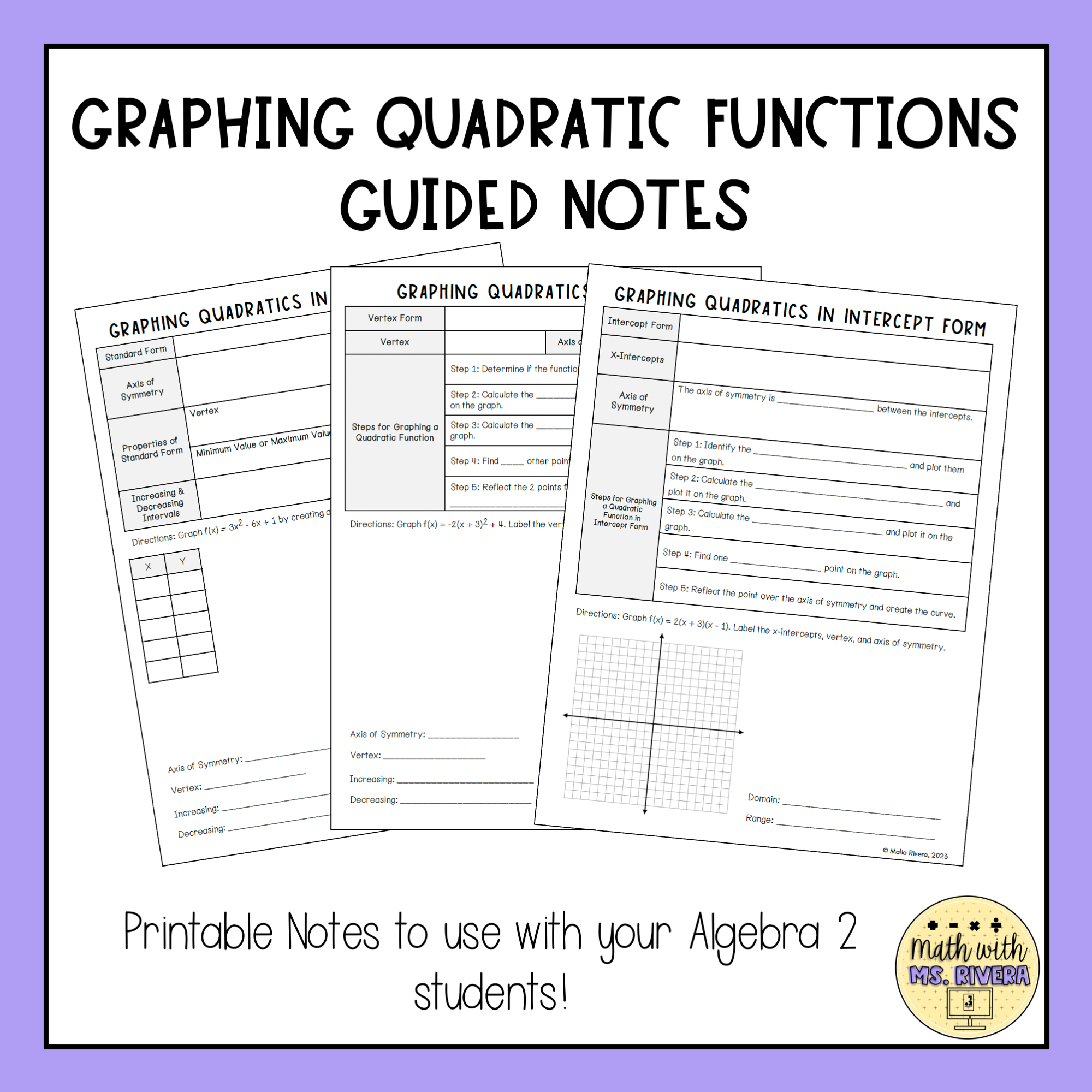 Graphing Quadratic Functions Guided Notes Bundle for Algebra 2