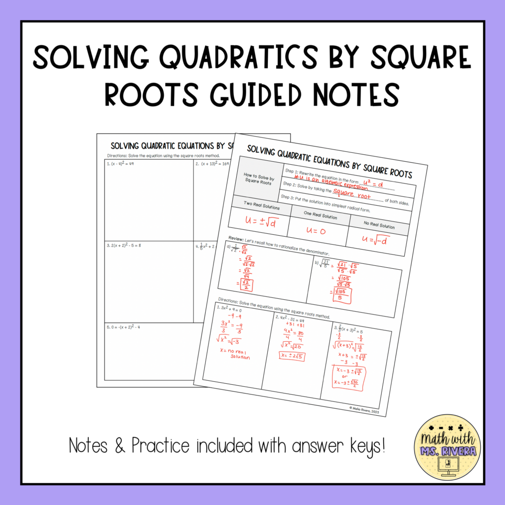 Solving Quadratic Equations by Square Roots Guided Notes for Algebra 2 ...