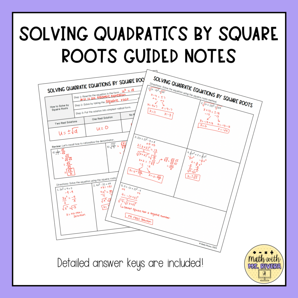Solving Quadratic Equations by Square Roots Guided Notes for Algebra 2 ...