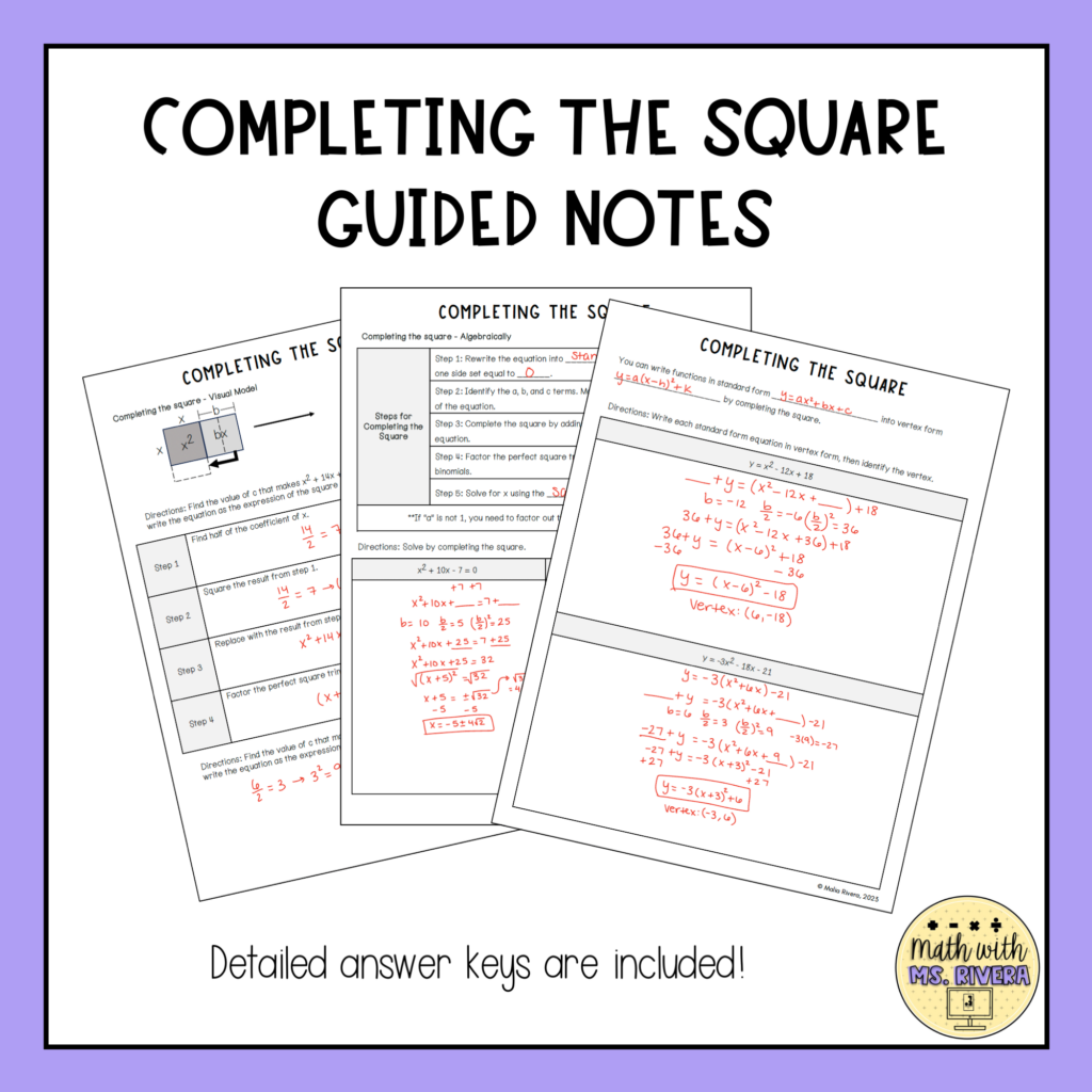 Completing the Square Guided Notes for Algebra 2 - Made By Teachers