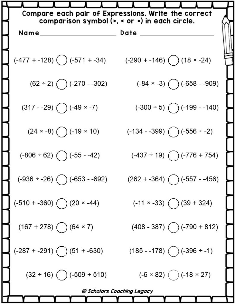 Find the Greater or Less by comparing each pair of Expressions ...