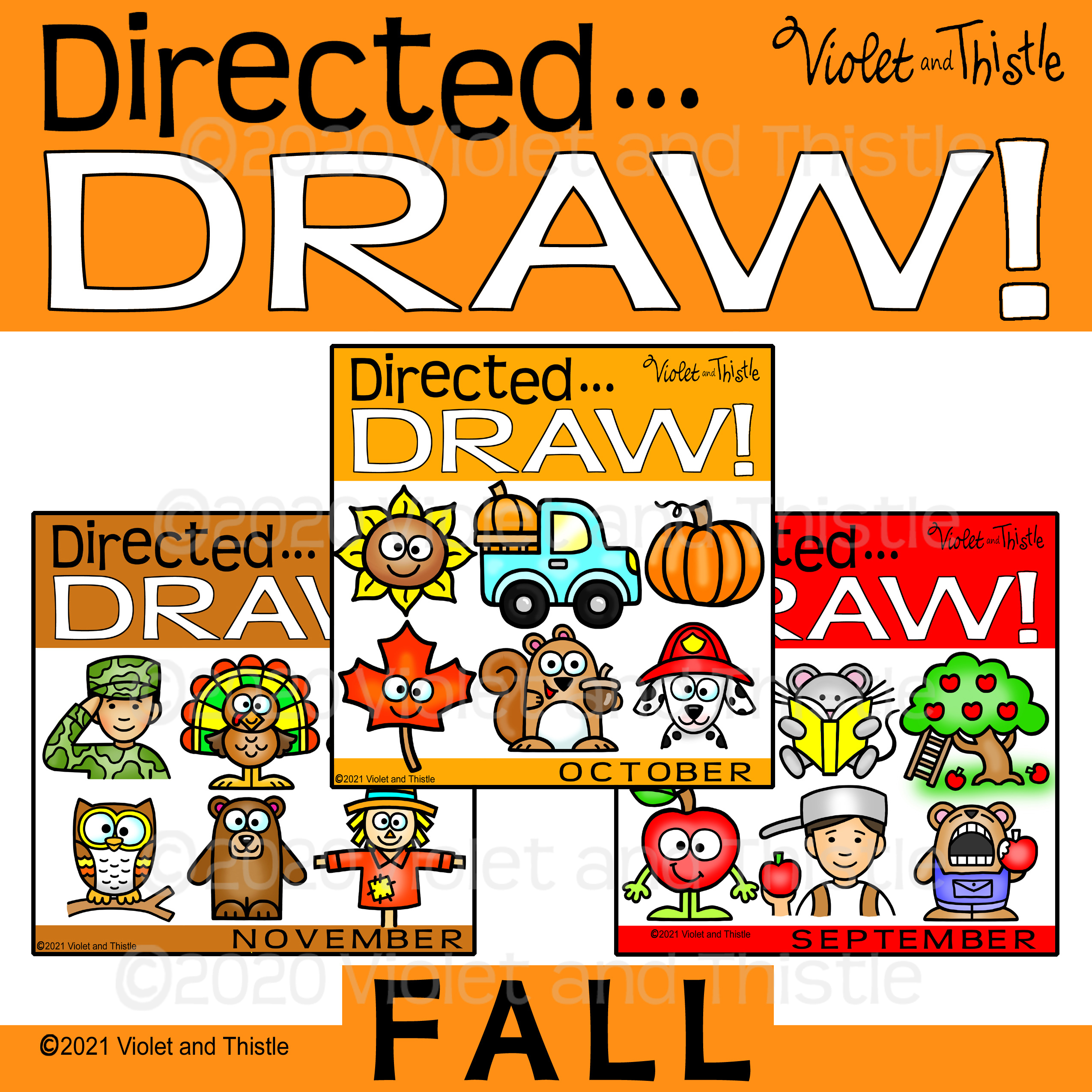 Directed Drawing BUNDLE Fall September October November Veteran Day Thanksgiving How to Draw Step by