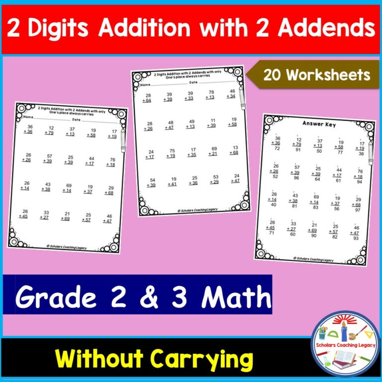 2 Digits Addition, 2 Addends without Carrying Worksheets Math Problems ...