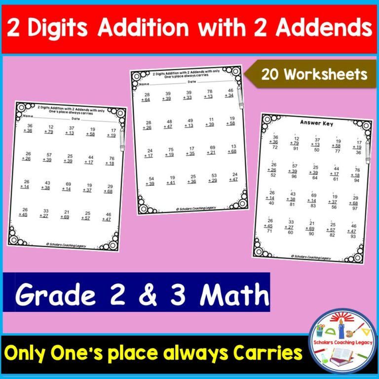 2 Digits Addition, 2 Addends with only One's place Carries Worksheet ...