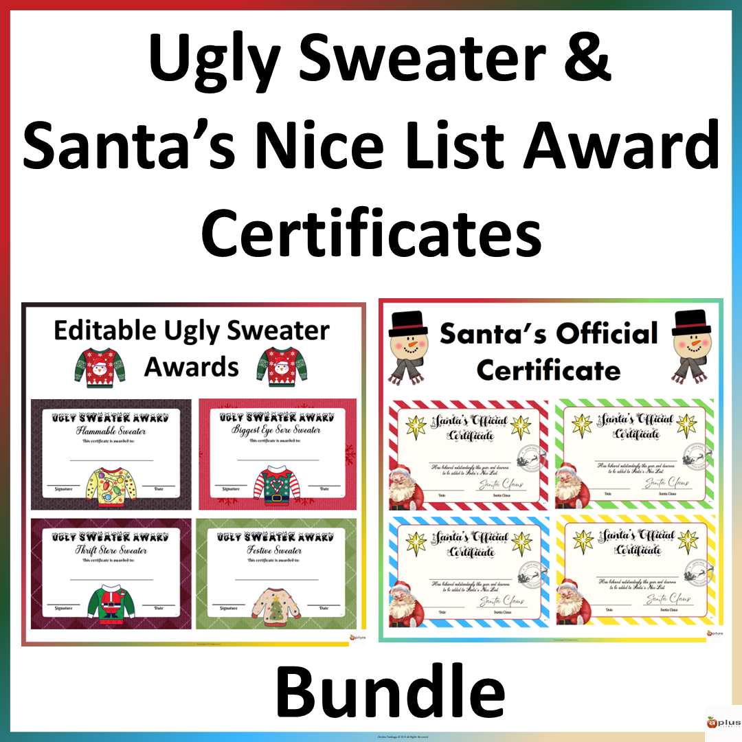 Christmas Ugly Sweater and Santa's Official Nice List Award Certificates Bundle
