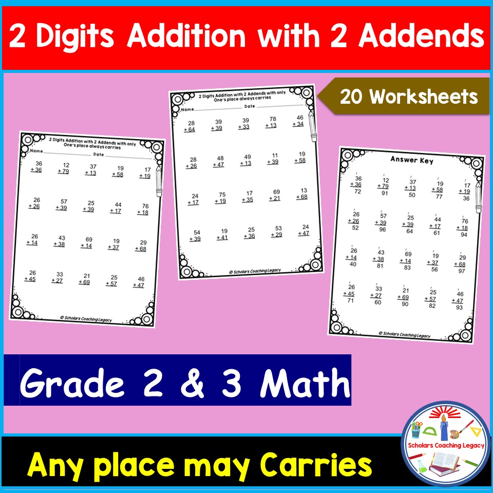 2 Digits Addition, 2 Addends with any place may Carries Worksheets Math Problems