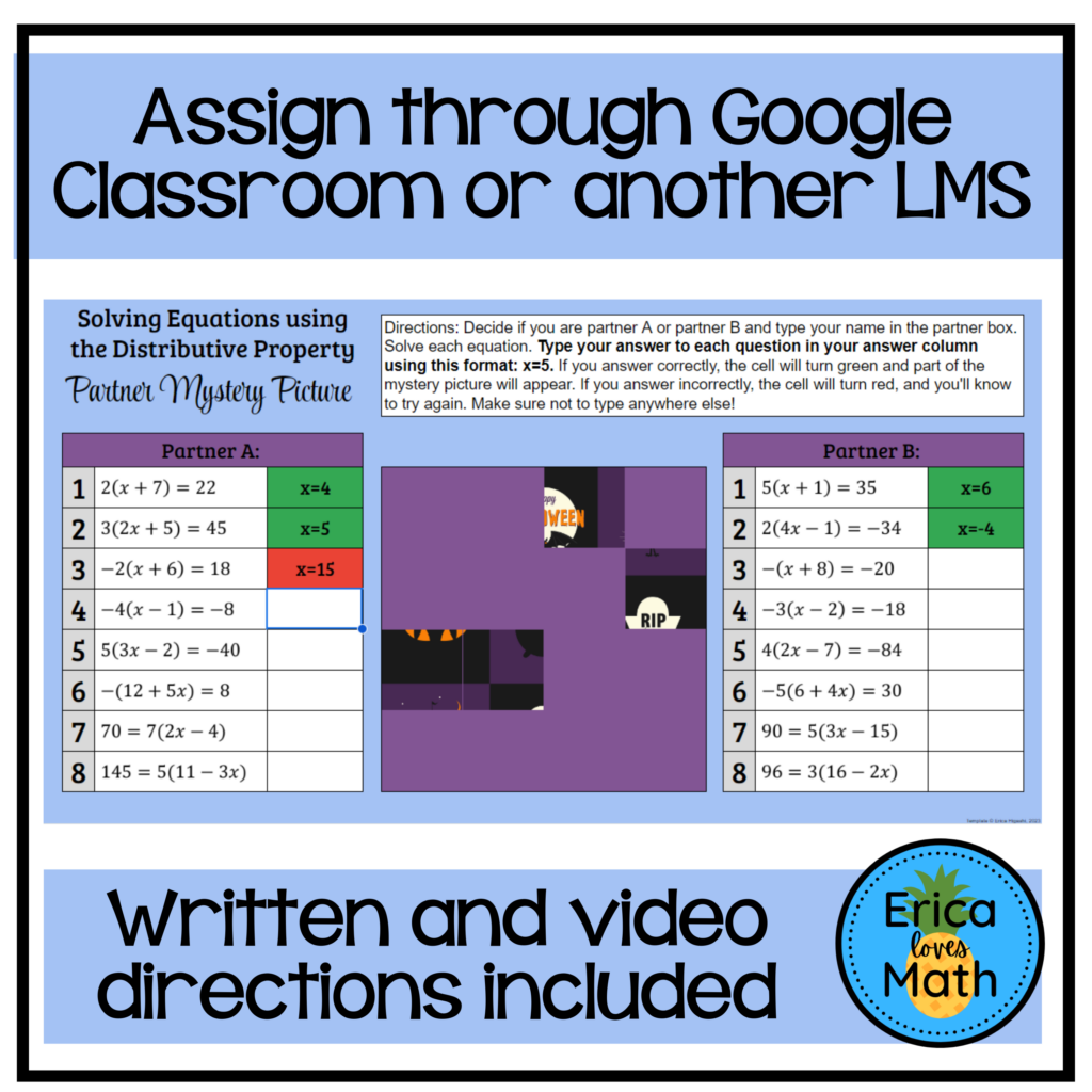 Solving Equations Using Distributive Property Digital Halloween Partner ...