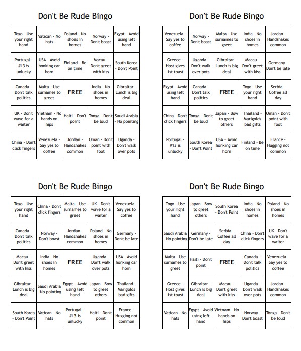 Don't Be Rude Cultural Bingo - (100) Different Cards - Print & Play