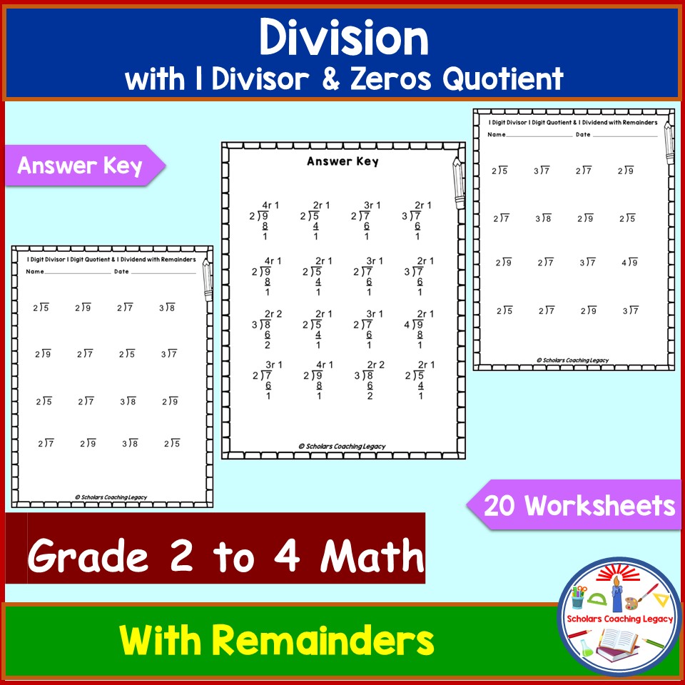 Division with 1 Digits Divisor, 1 Quotient & 1 Dividend with Remainders Worksheets Math Problems