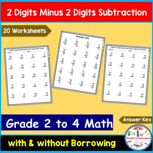 2 Digits from 2 Digits Subtraction with & without Borrowing worksheet ...