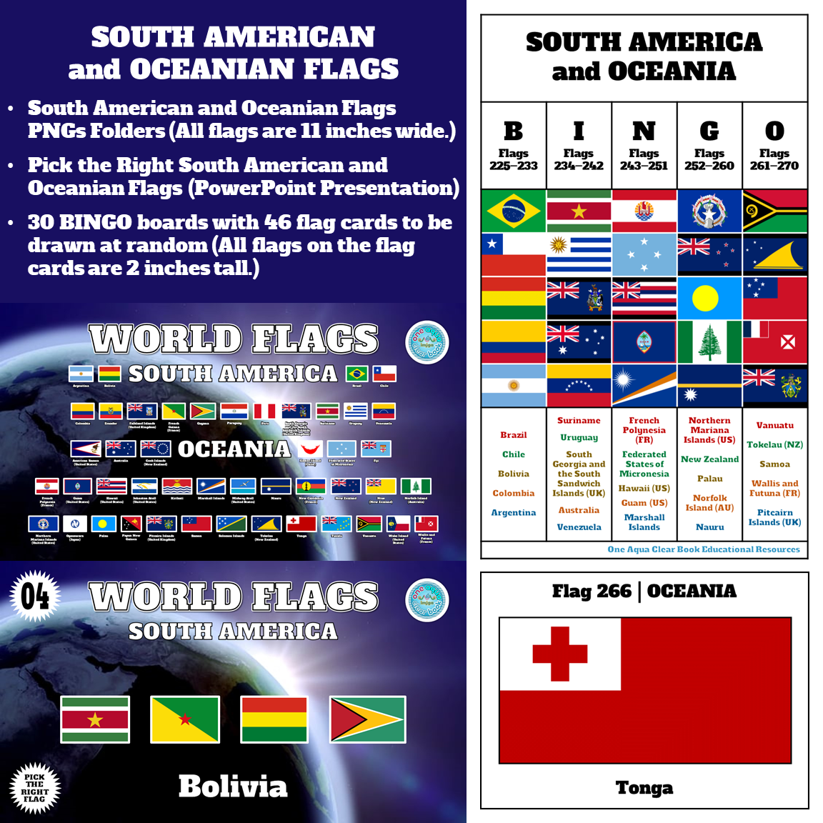 South American and Oceanian Flags PNGs, PPT, Flash Cards, and Bingo Boards