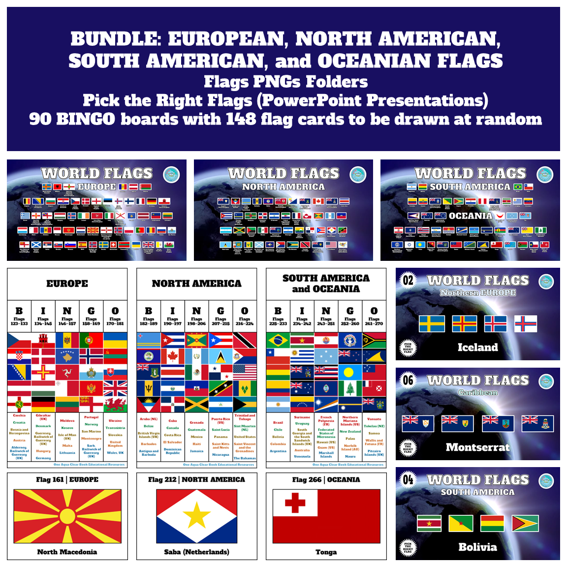 European, American, and Oceanian Flags PNGs, PowerPoints, Flash Cards, and Bingo Boards