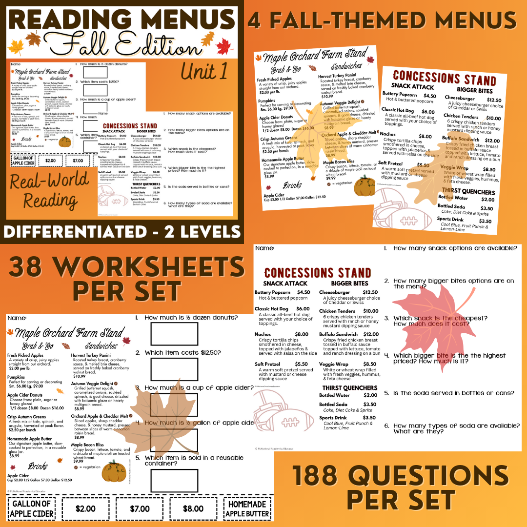 Fall Menus BUNDLE 1 - Reading Menus & Menu Math - Life Skills | Made By ...