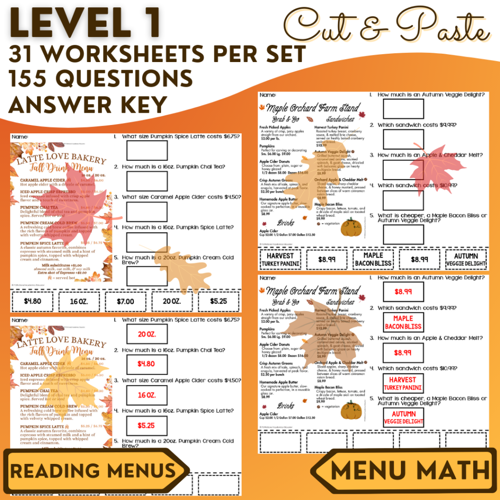 Fall Menus BUNDLE 1 - Reading Menus & Menu Math - Life Skills - Made By ...