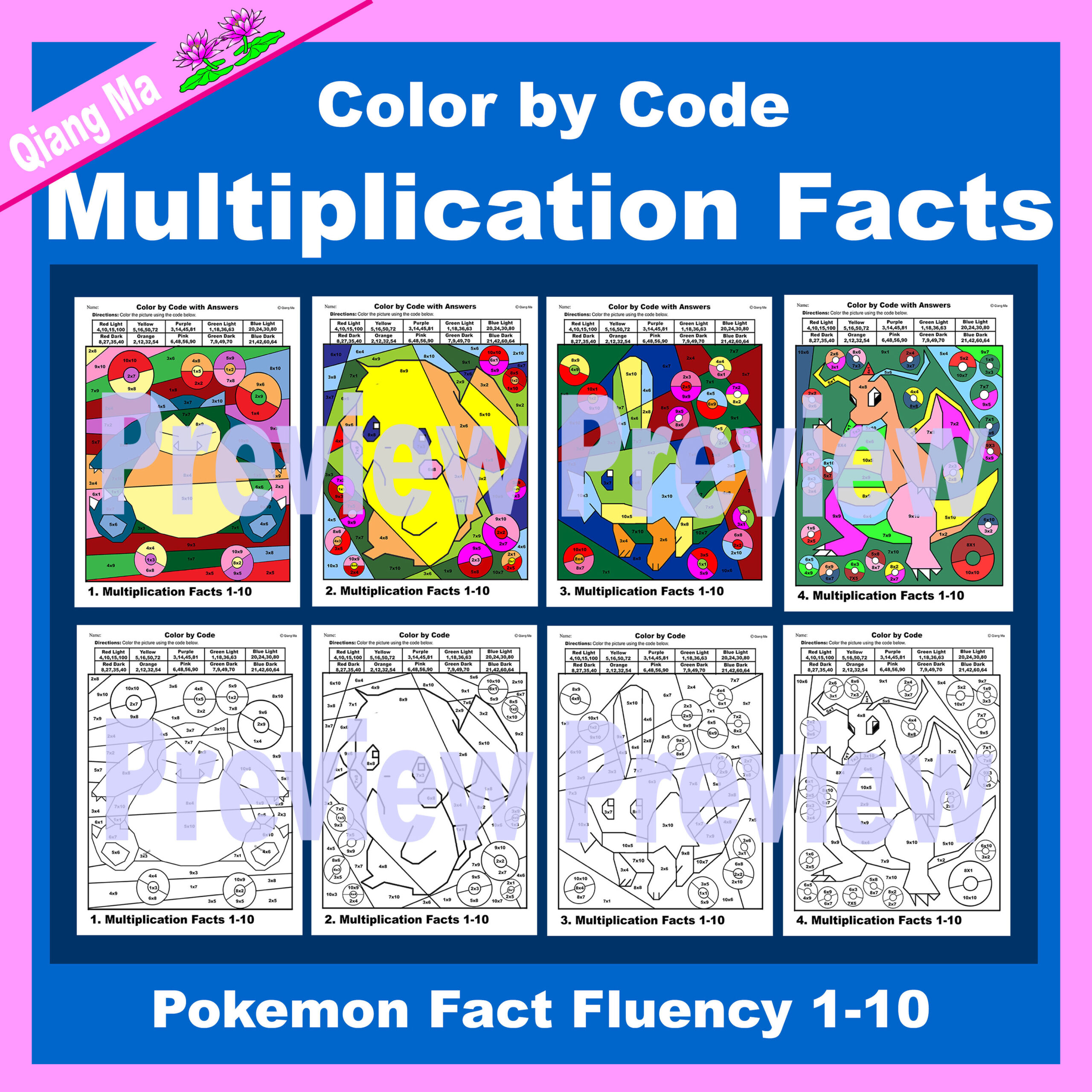 Pokemon Color by Code: Multiplication Facts 1-10