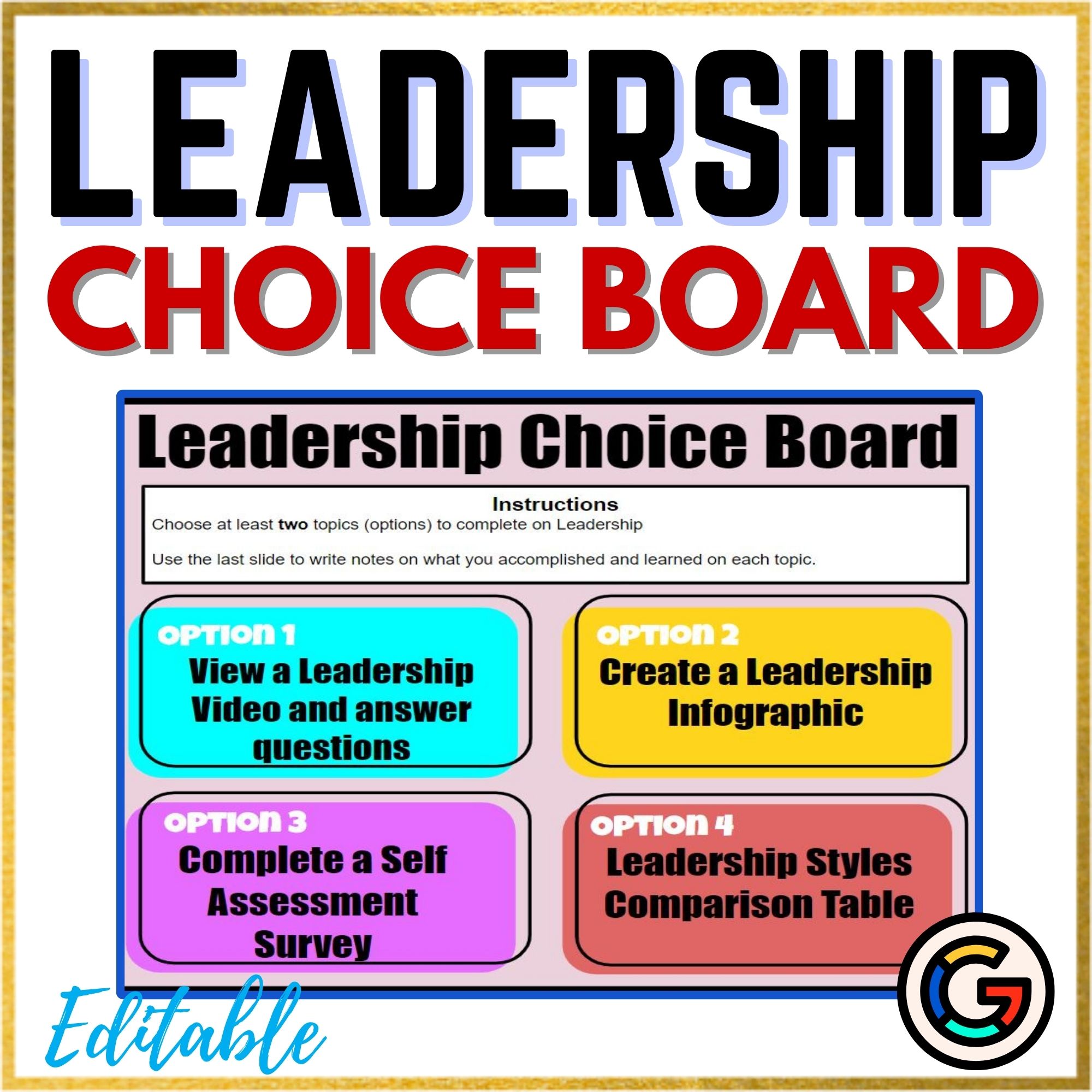Leadership Choice Board - Digital - using Google Slides and Forms