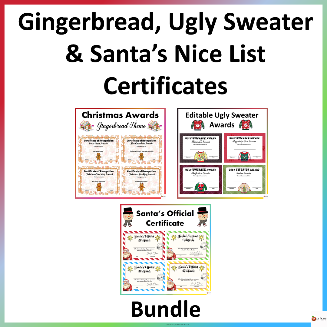 Gingerbread, Ugly Sweater, Santa's Nice List Award Certificates Bundle