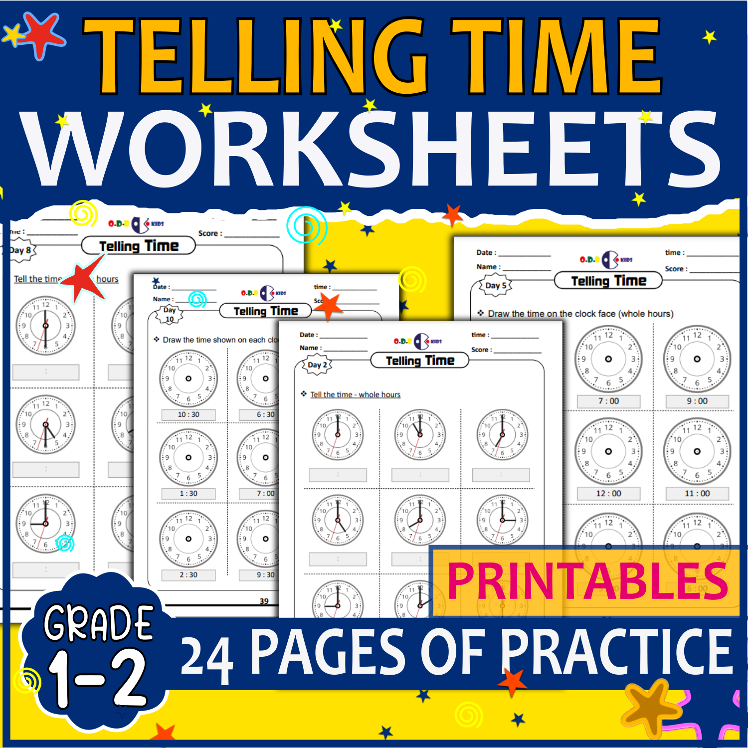 Telling Time Mastery: Papers to learn about the hour, half hour and five minutes