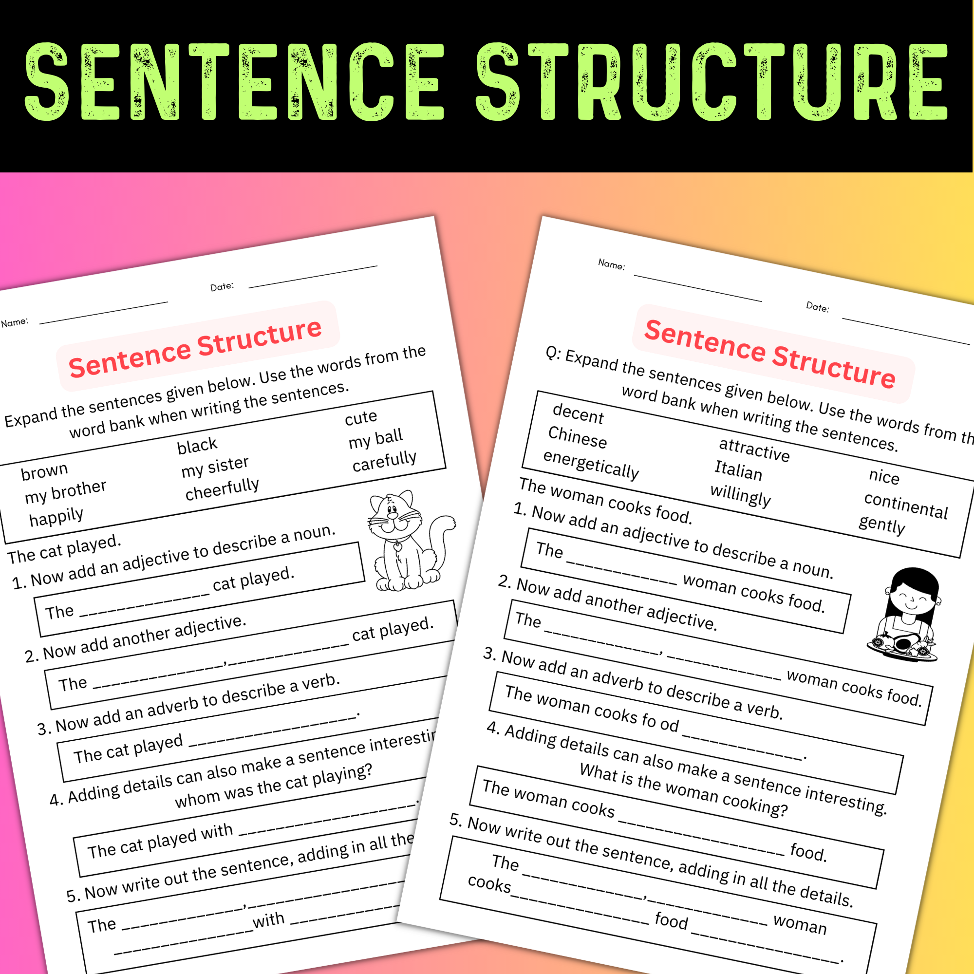 Writing Sentences - Sentence Structure Worksheet Digital & Printable for Grade 1