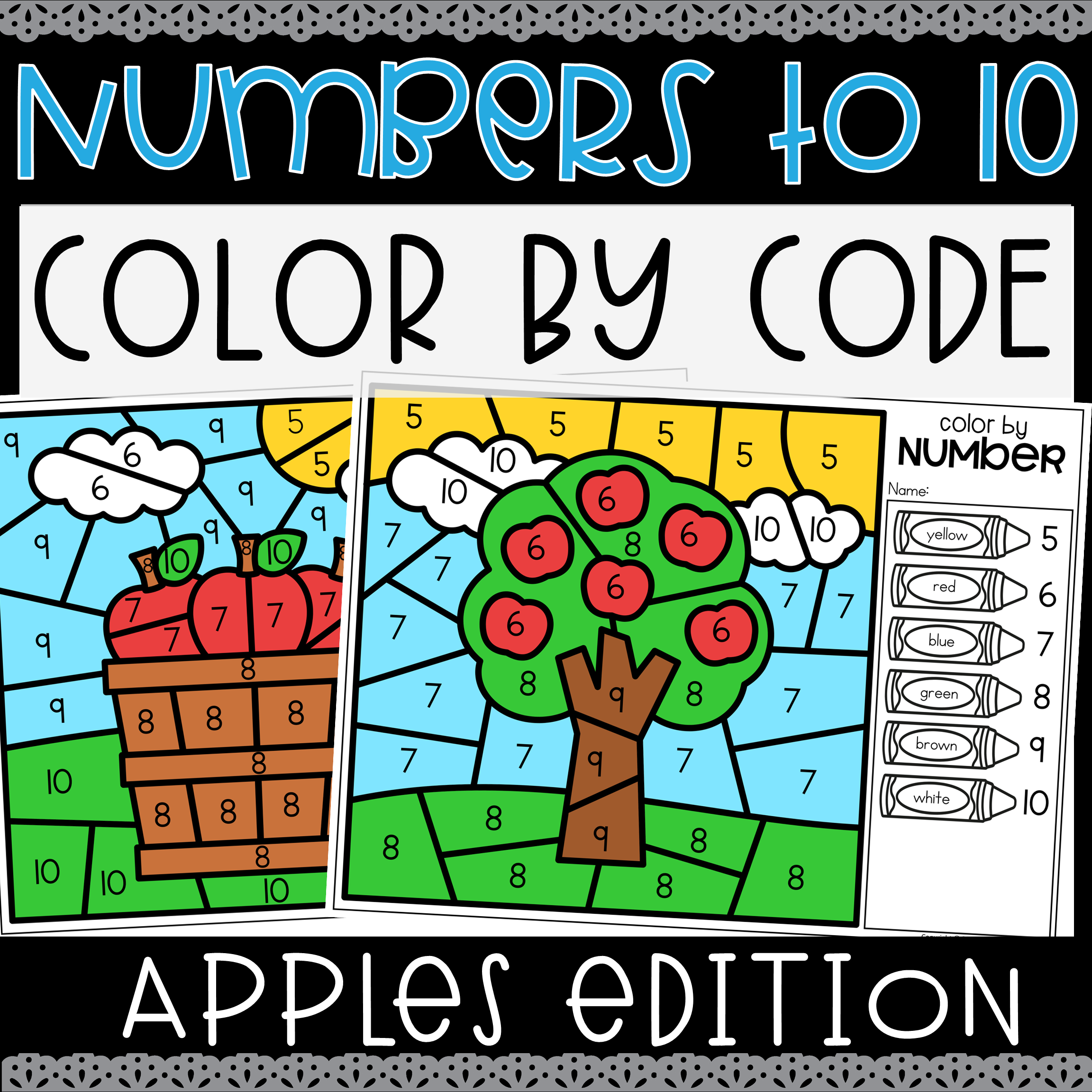 Apples Numbers to 10 Color by Code Number Recognition Worksheet Apple Numbers