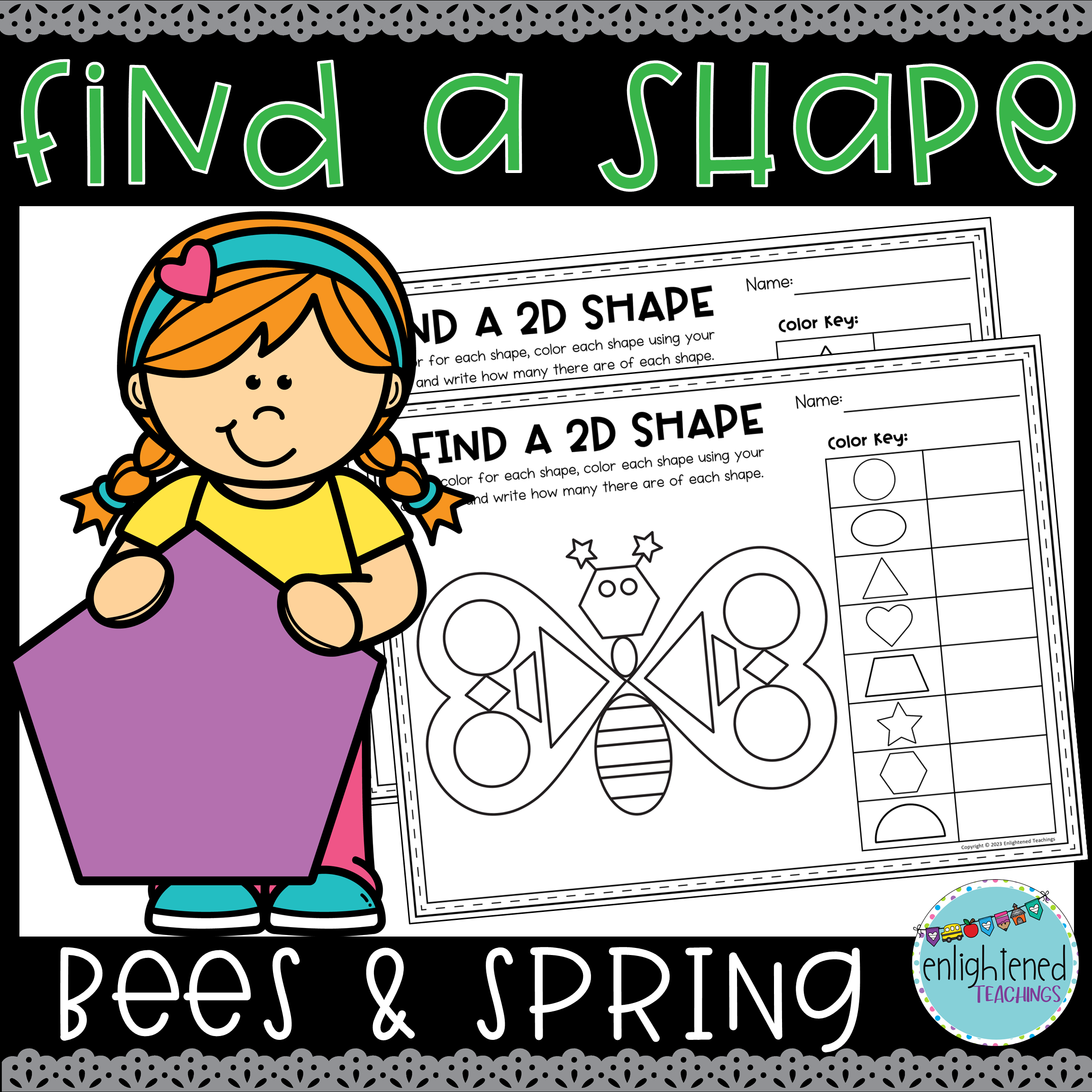 Bees & Spring 2D Find a Shape Worksheets Shape Recognition Shape Color & Count