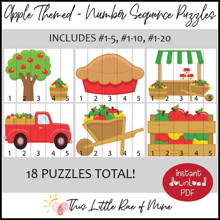 Fall Apple number sequence puzzle - printable - autumn - math - counting