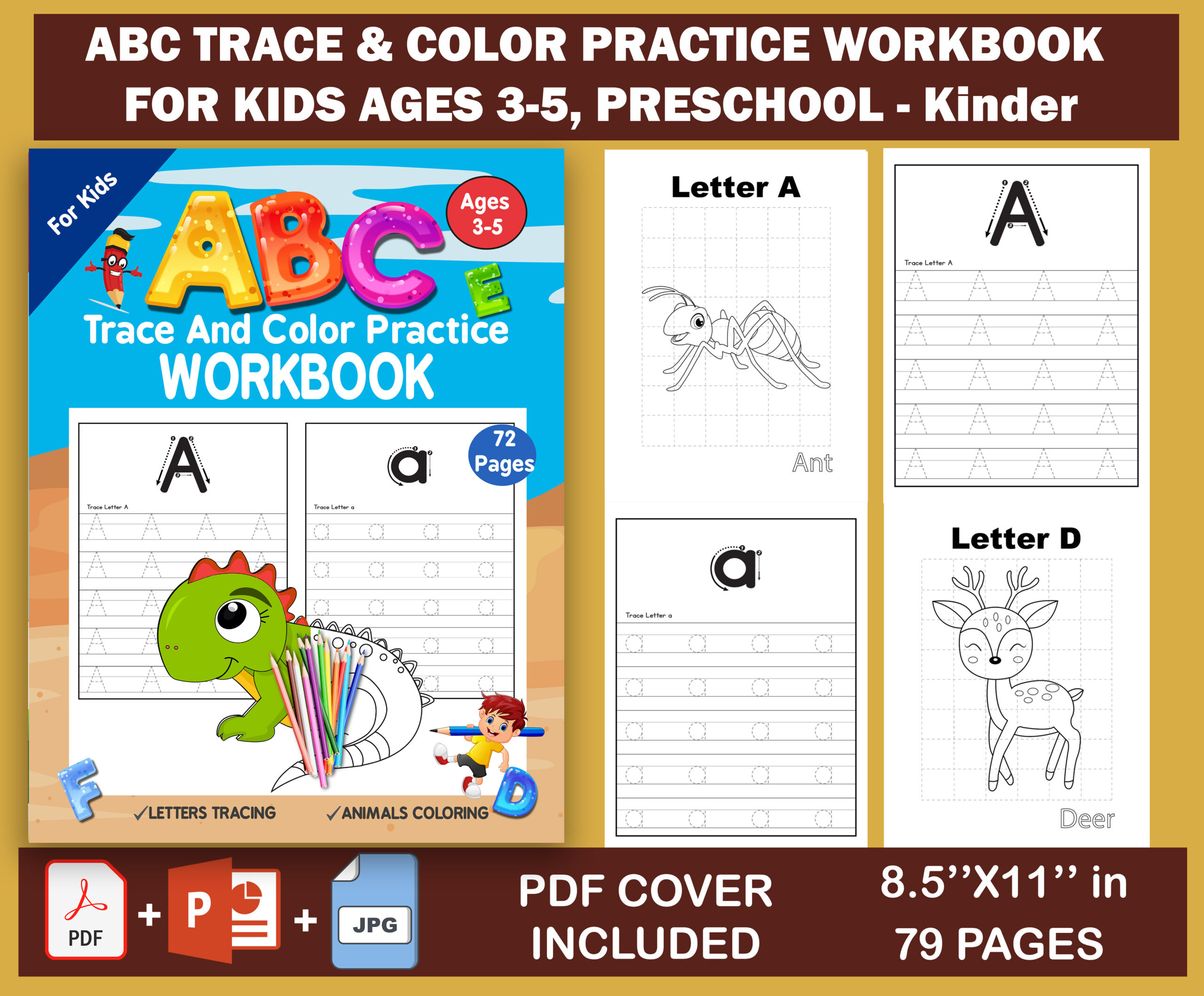abc Trace And Color practice workbook for kids ages 3-5 years: letter tracing and Coloring Animals.