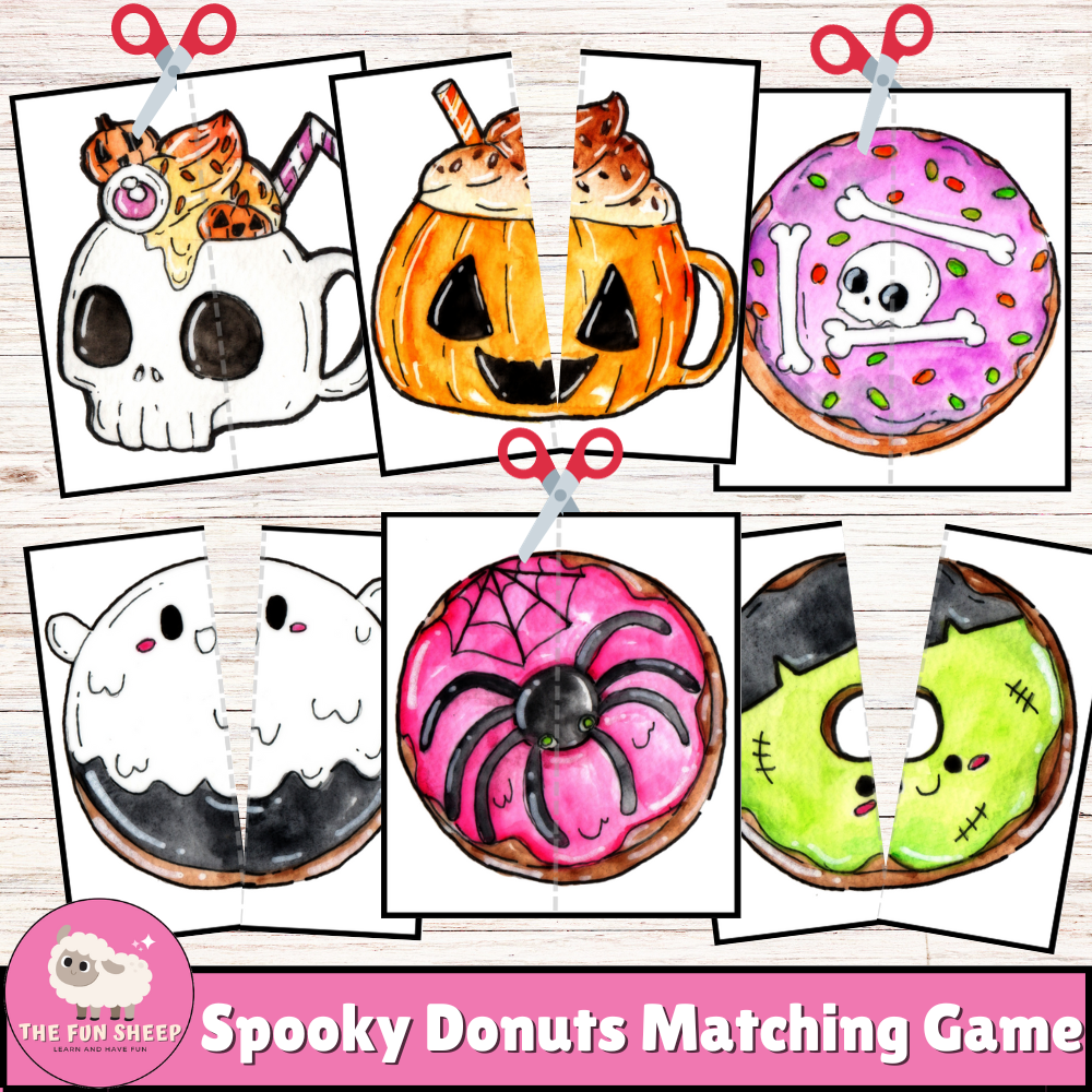 Spooky Donuts & Mugs Matching Game | Cut & Match Activity for Preschool
