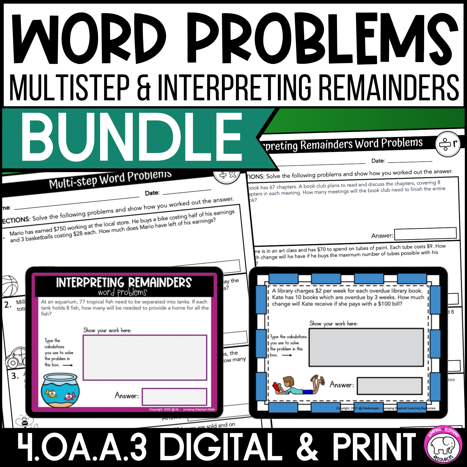 Multi Step Word Problems and Interpreting Remainders Word Problems Bundle