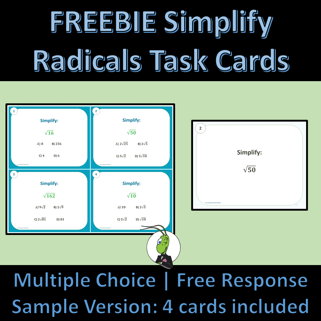 Free Simplifying Radicals Algebra 1 Task Cards Sample Version