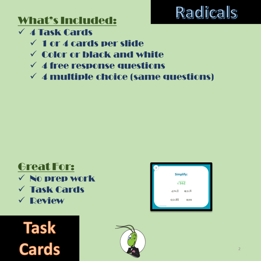 Free Simplifying Radicals Algebra 1 Task Cards Sample Version | Made By ...