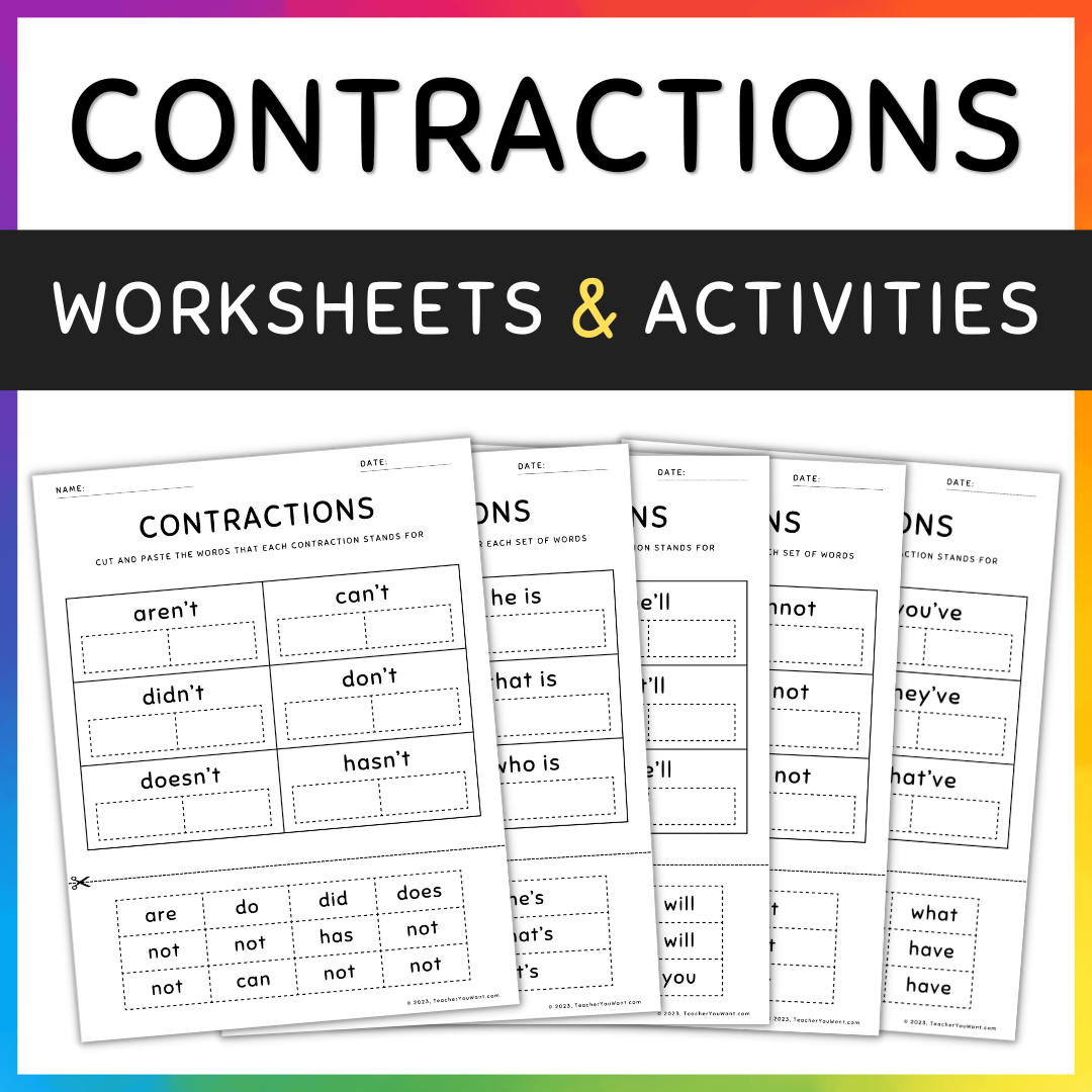 Contractions Worksheets Cut and Paste Activities, Grammar Practice