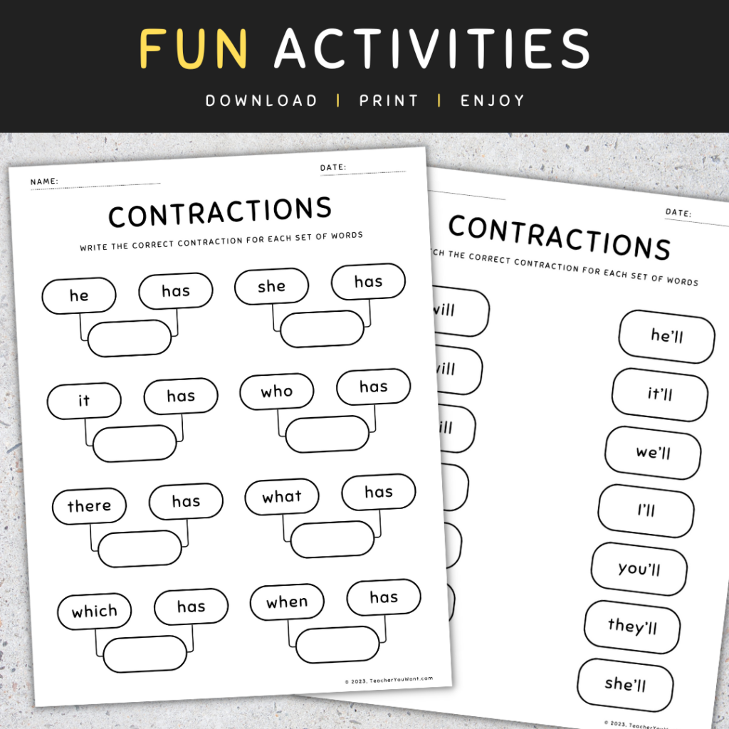 Contractions Worksheets Activities and Assessment BUNDLE, Grammar ...