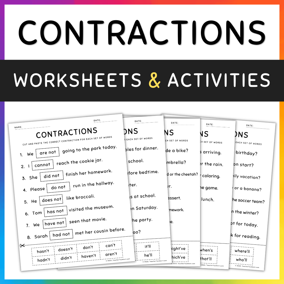 Contractions Sentences Worksheets Cut and Paste Grammar Practice Activity
