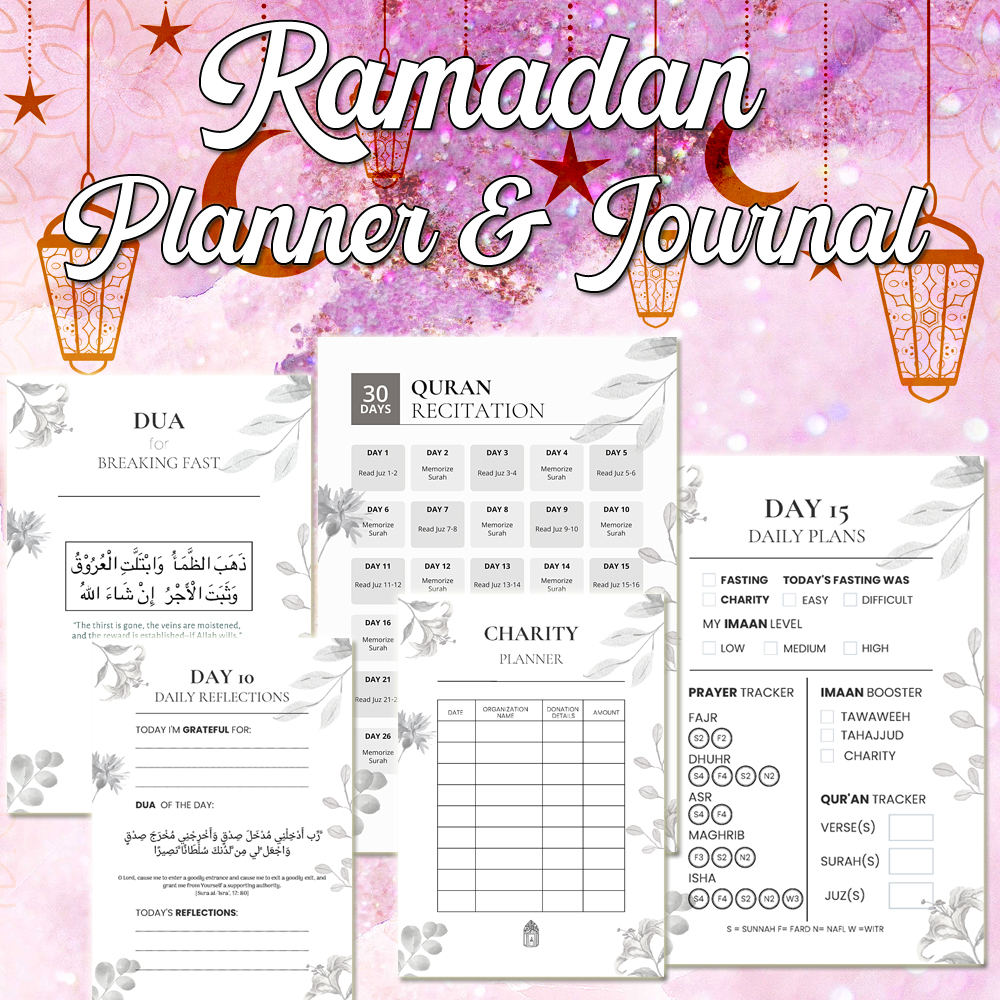 Ramadan Planner and Journal: 30 days of Prayer Tracking, Daily Islamic Dua’s