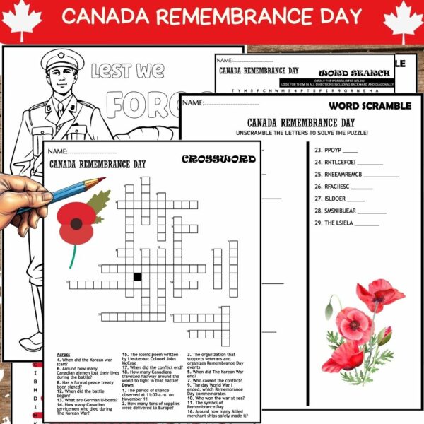 Jour du Souvenir Canada Remembrance Day, Coloring Sheet,Word Scramble ...