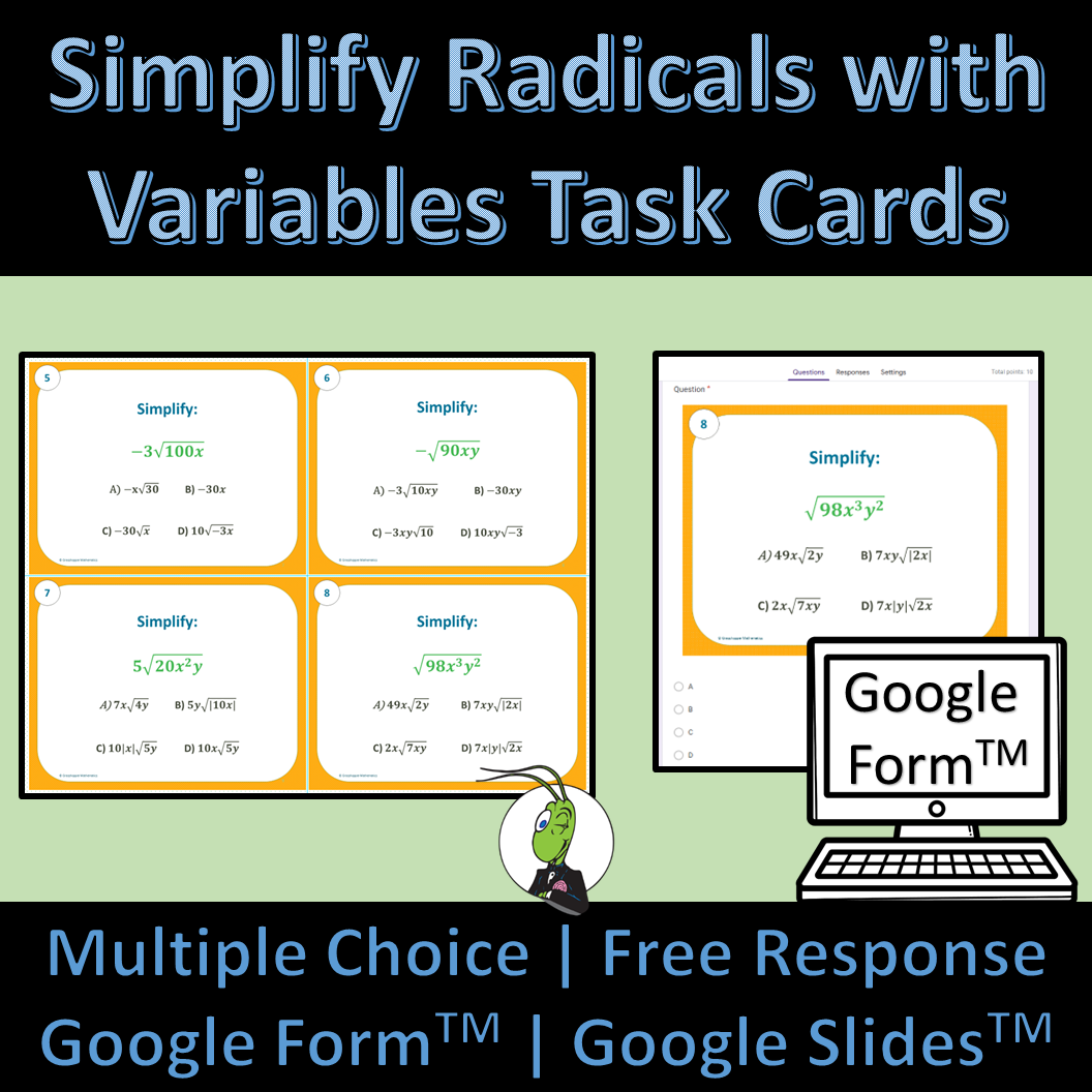 Simplify Radicals with Variables Algebra 1 Task Cards