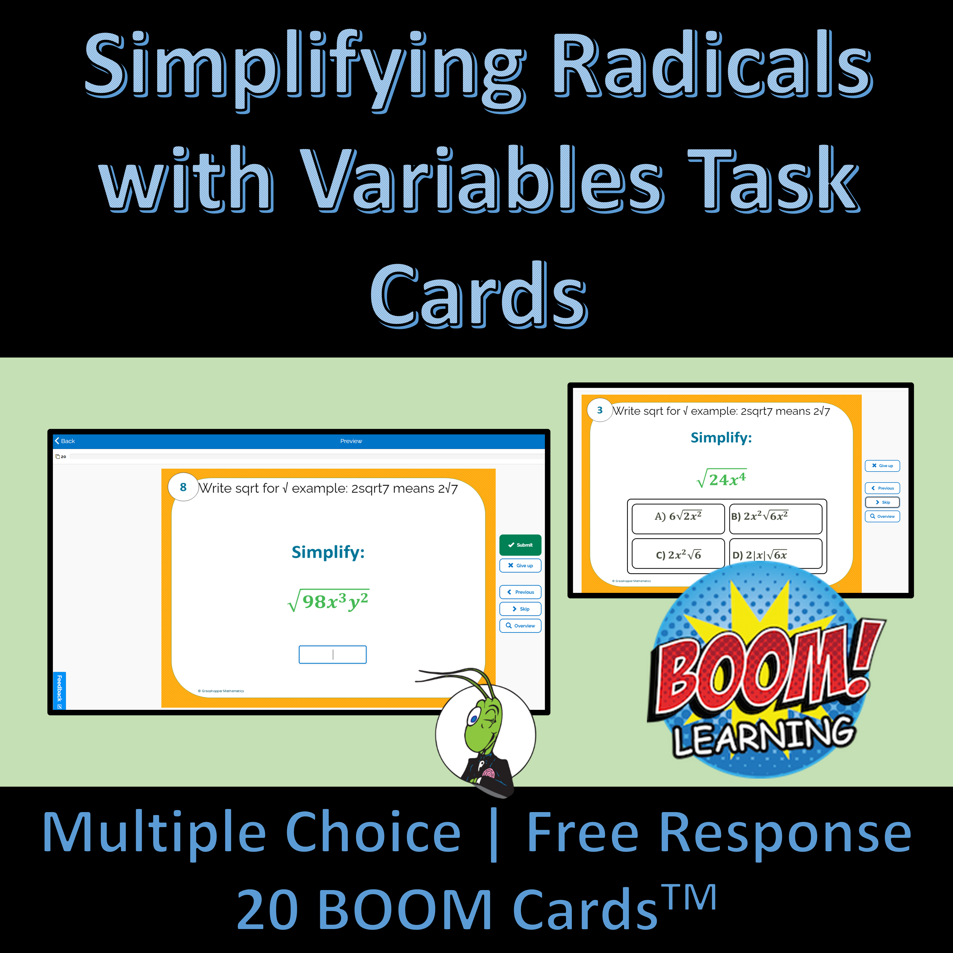 Simplifying Radicals with Variables Algebra 1 Boom Task Cards