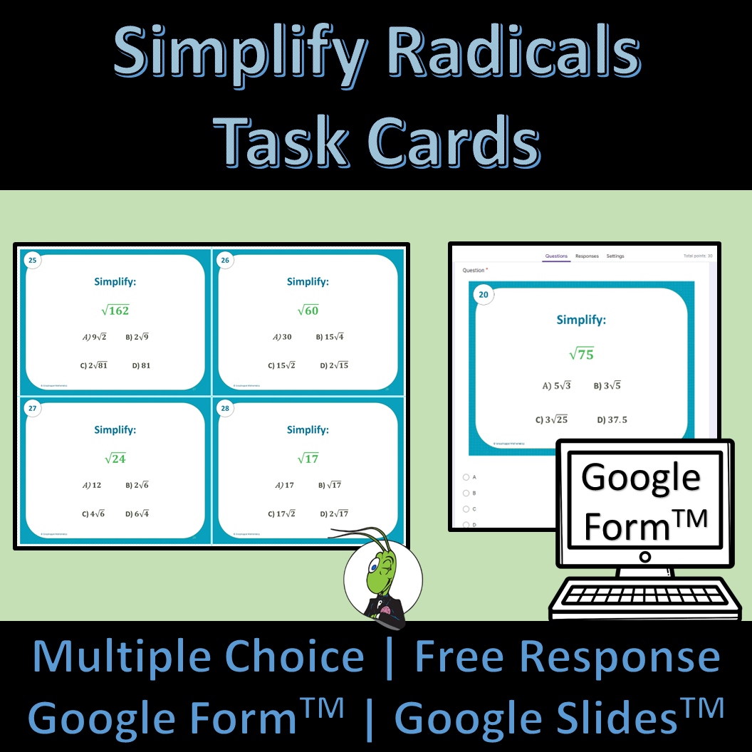 Simplifying Radicals Algebra 1 Task Cards Editable