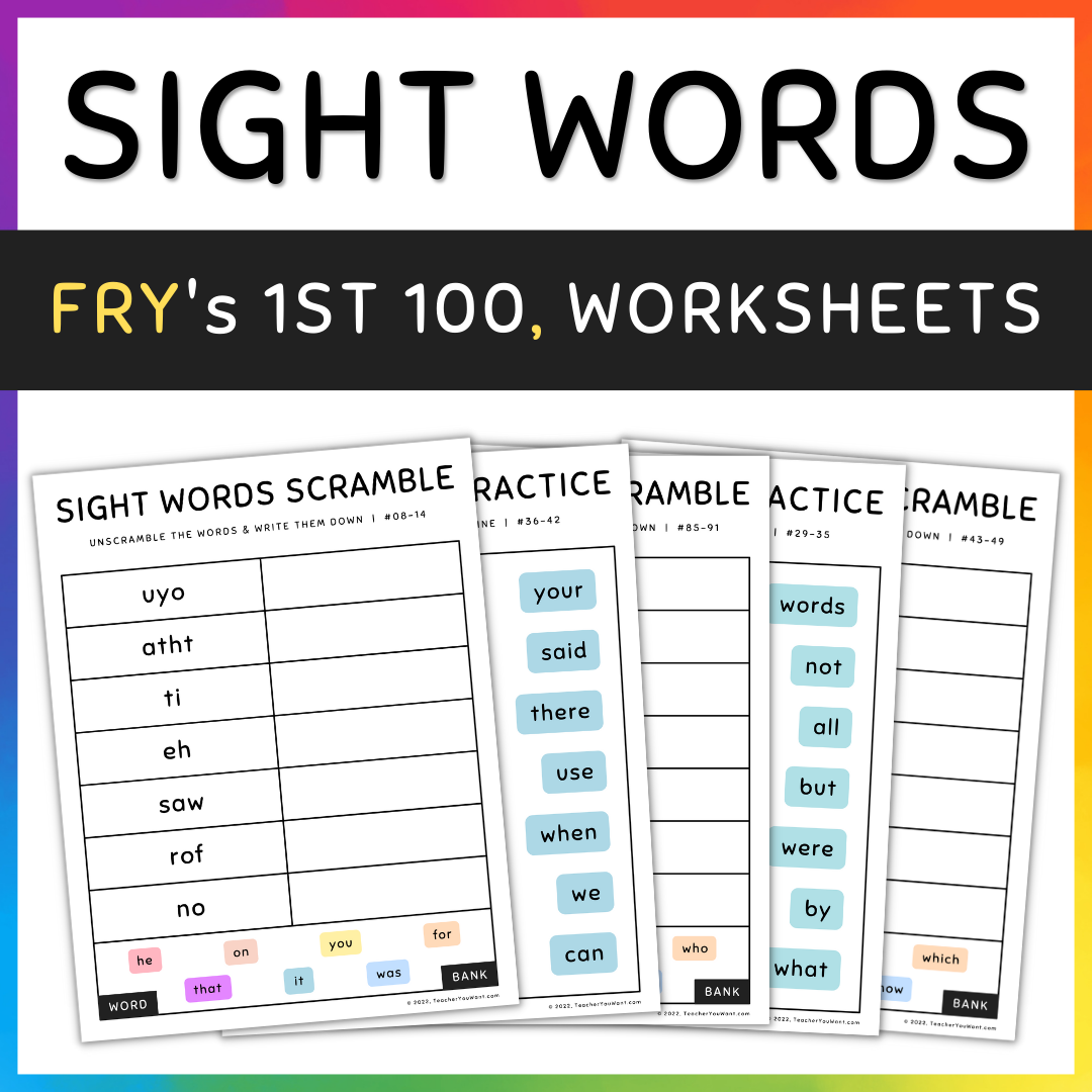 Fry Sight Words Worksheets Match and Unscramble Activities, 1st 100, SET 10