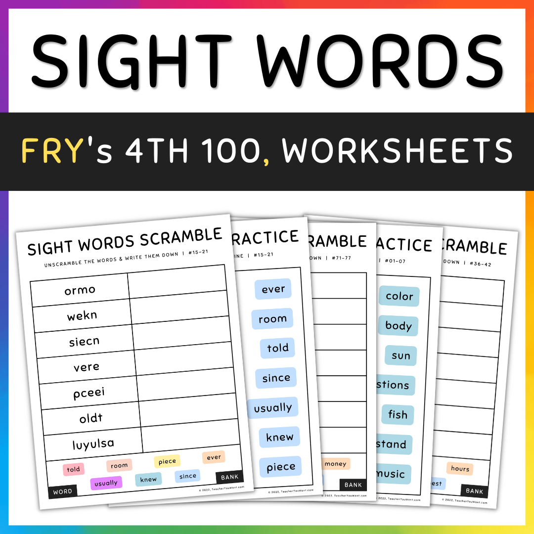 Fry Sight Words Practice, Match and Unscramble Activities, 4th 100, SET 10