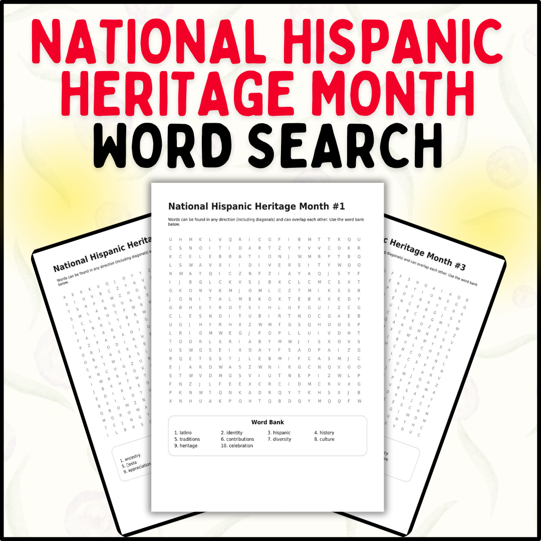 National Hispanic Heritage Month Word Search - Learn about Hispanic Culture!