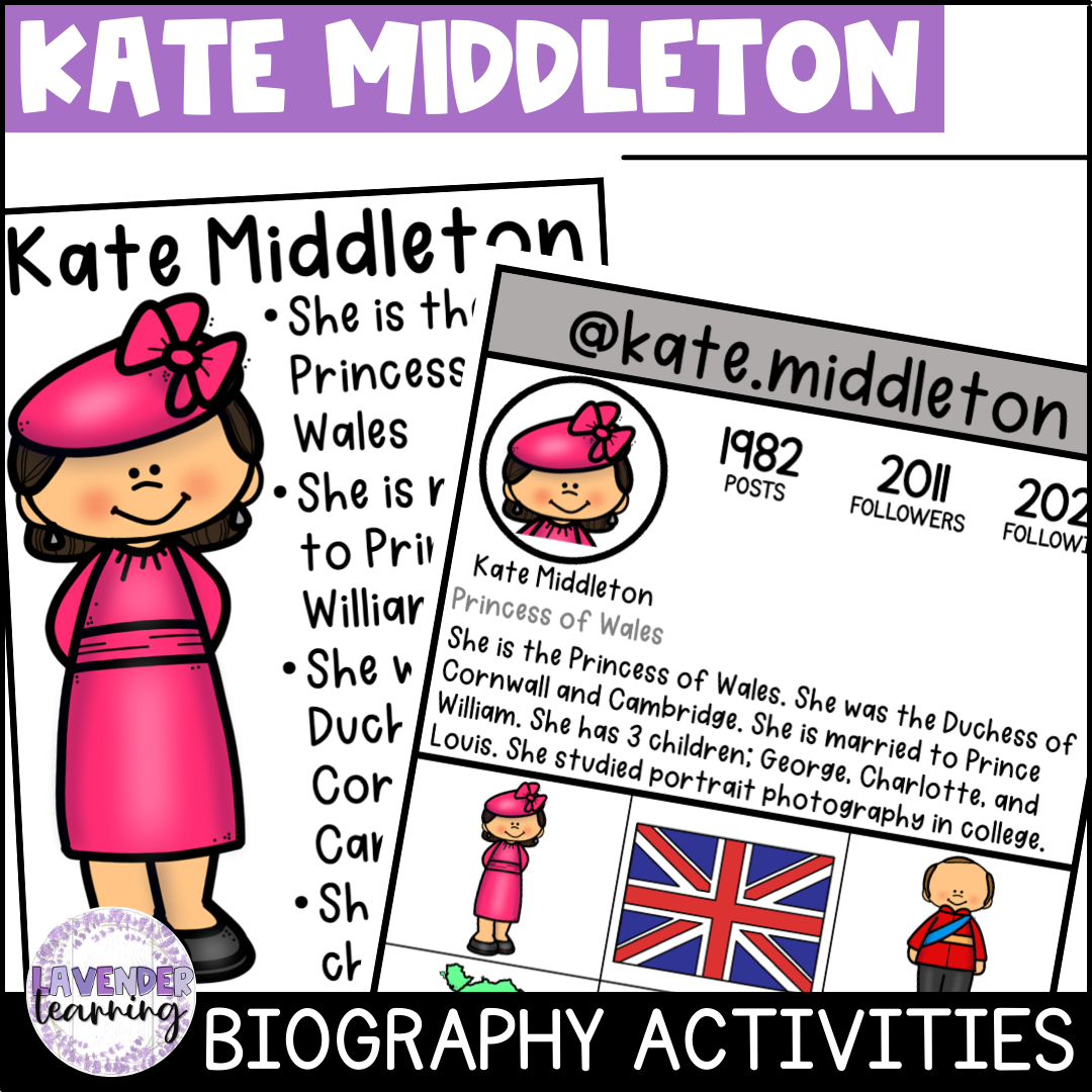 Kate Middleton Biography Activities, Worksheets, Report, and Flip Book