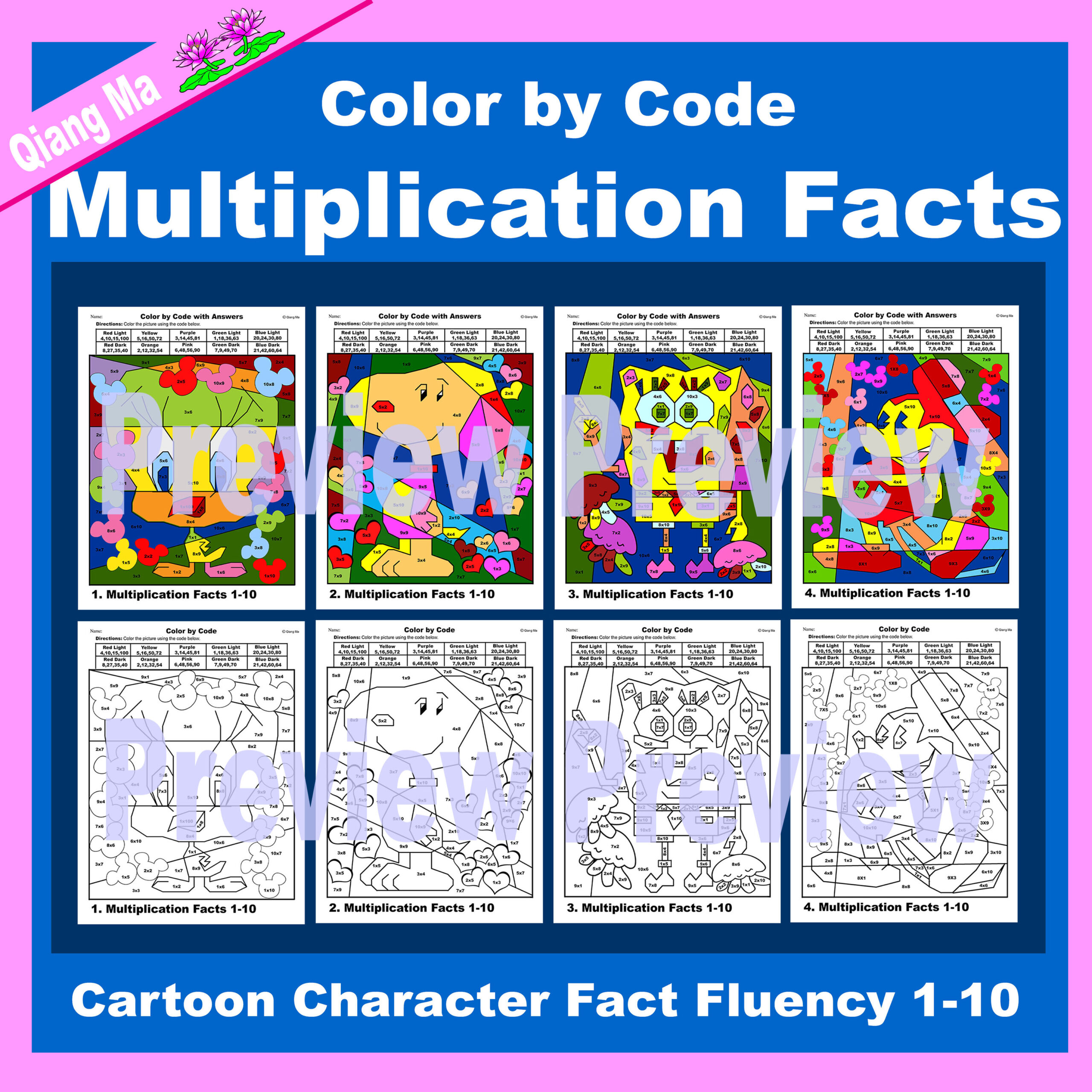 Cartoon Character Color by Code: Multiplication Facts 1-10