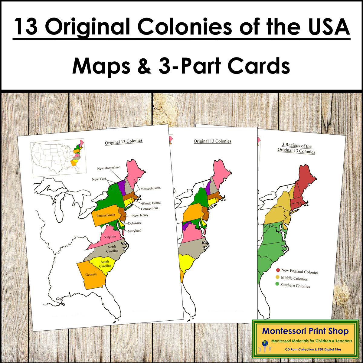 13 Original Colonies of the United States Maps, 3-Part Cards & Information