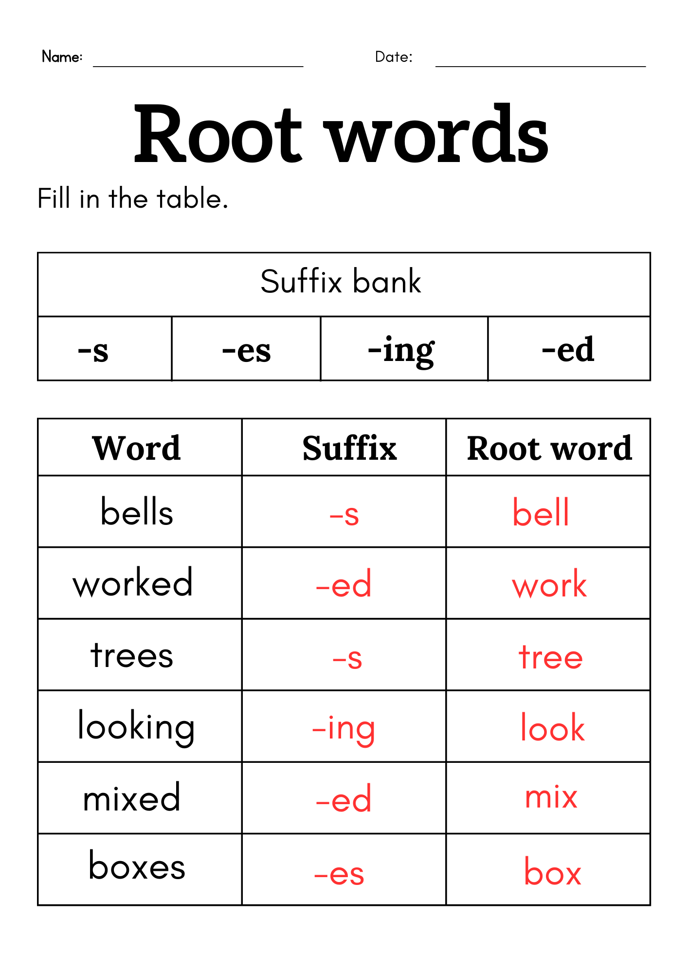 Root words worksheet for grade 1 or 2 - Root words and affixes worksheet for kids